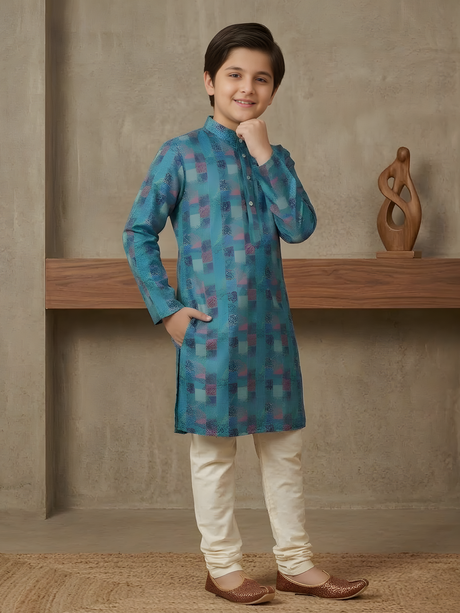 Boys' Green & Blue Festive Geometric Print Kurta with Cream Pyjama Set.