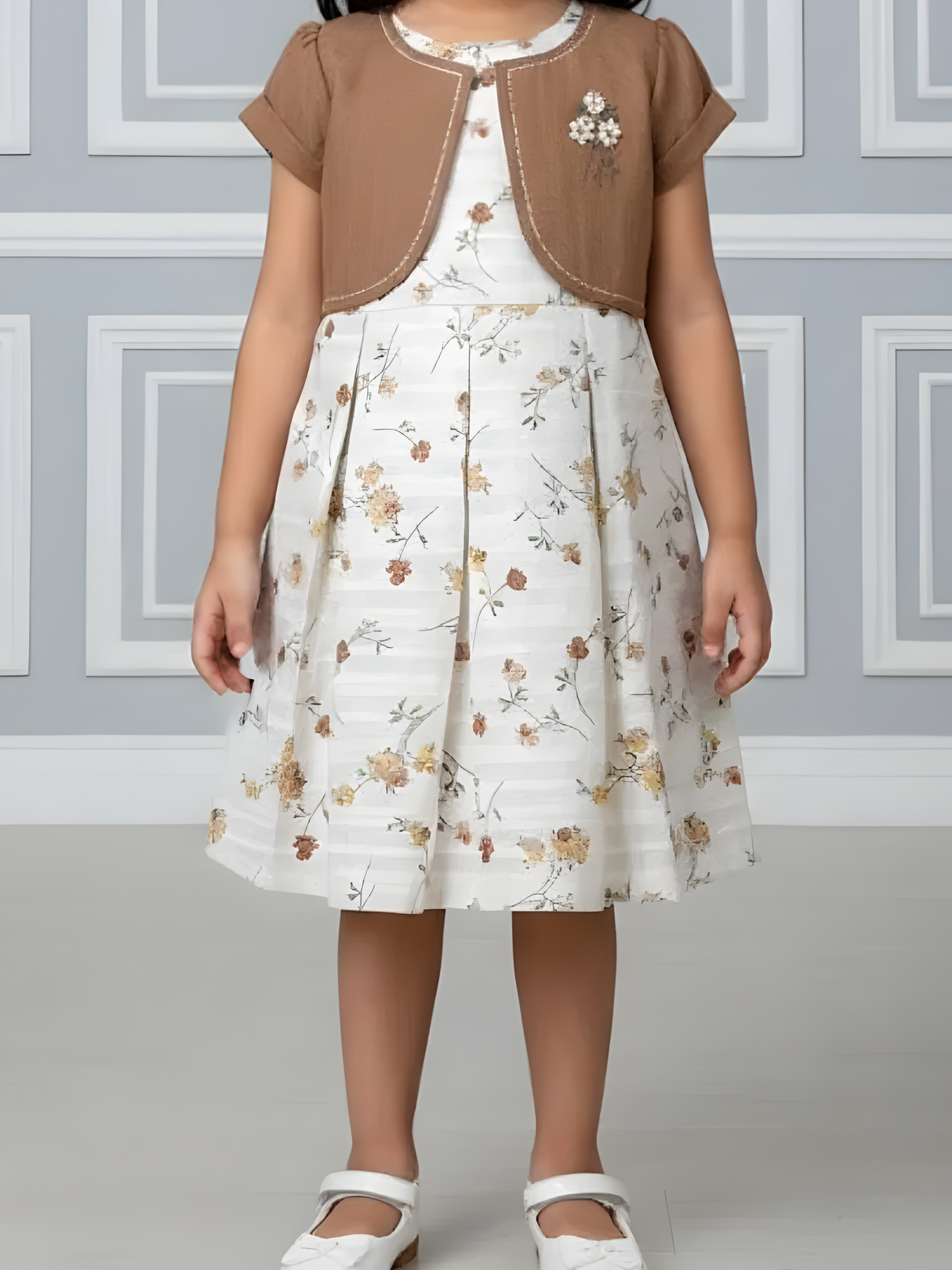 Girls' Floral Print Frock with Brown Bolero Jacket Set