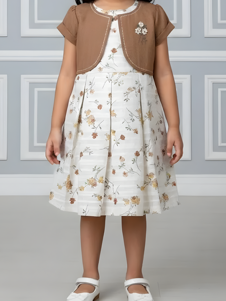 Girls' Floral Print Frock with Brown Bolero Jacket Set