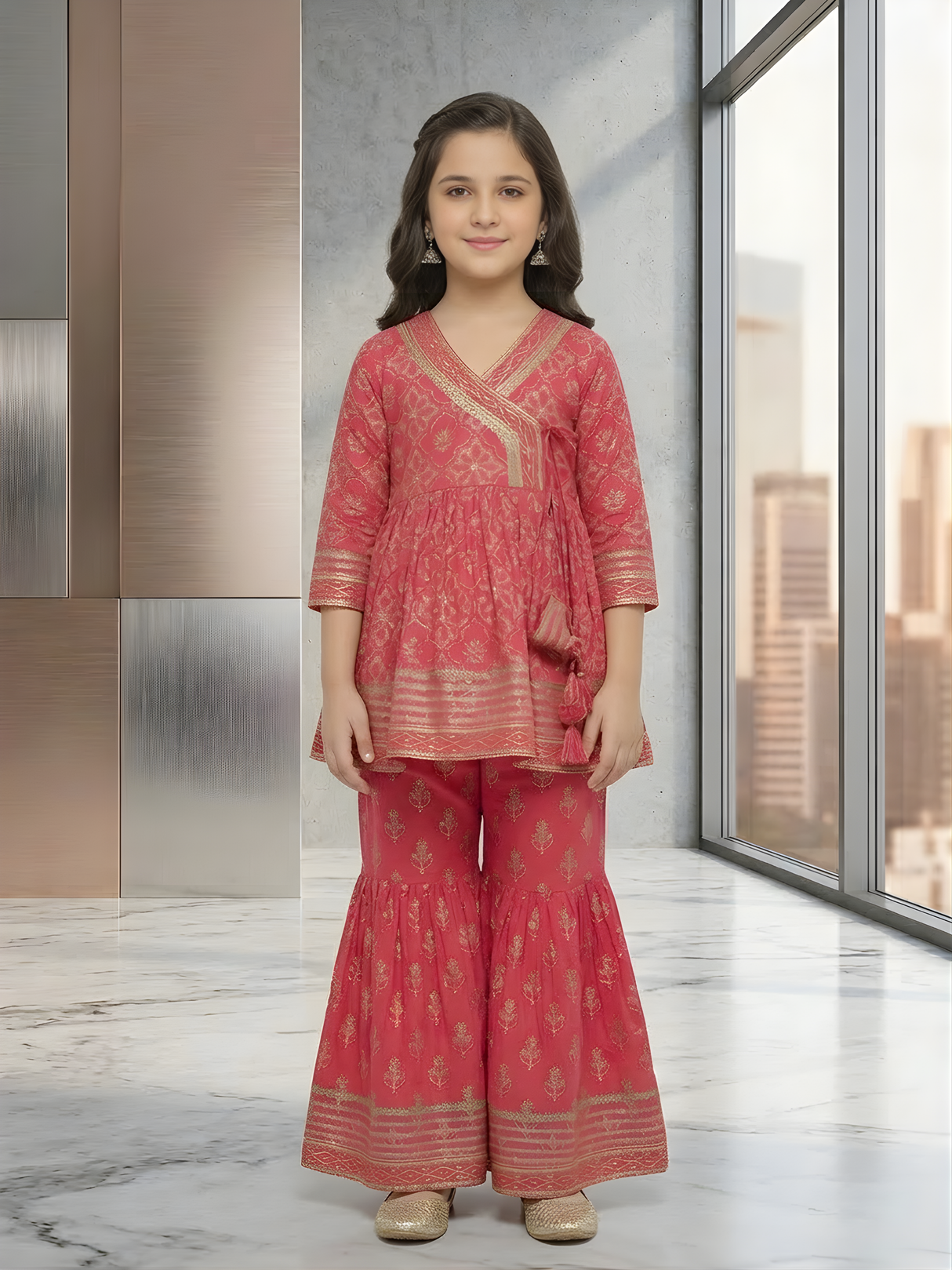 Girls' Fuchsia Pink Block Print Kurti, Sharara, and Dupatta Set with Heavy Embroidery