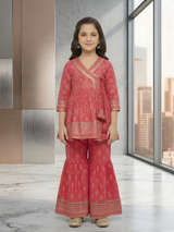 Girls' Fuchsia Pink Block Print Kurti, Sharara, and Dupatta Set with Heavy Embroidery