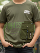 Boys' Olive Green Techwear T-Shirt with Utility Pocket and Slogan