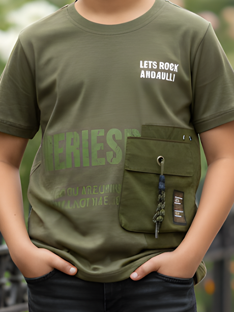 Boys' Olive Green Techwear T-Shirt with Utility Pocket and Slogan