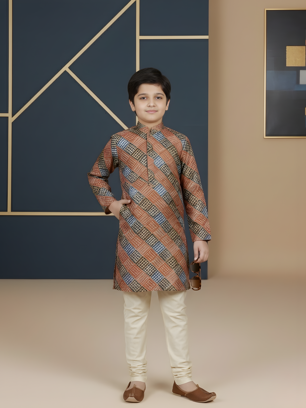 Boys' Sea Green Full-Sleeve Kurta Set with Abstract Geometric Print