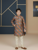 Boys' Sea Green Full-Sleeve Kurta Set with Abstract Geometric Print