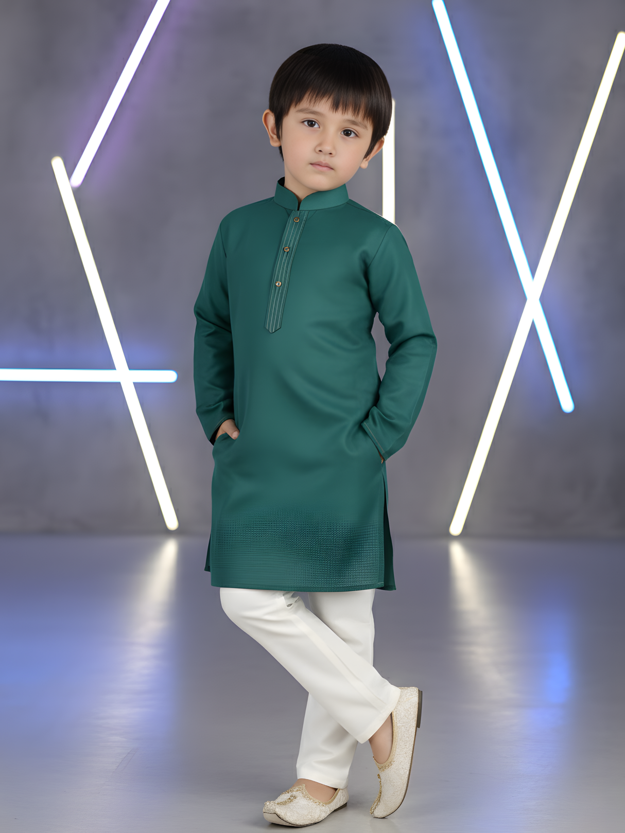 Boys Traditional With Work Chudidar Kurta Set - Blue