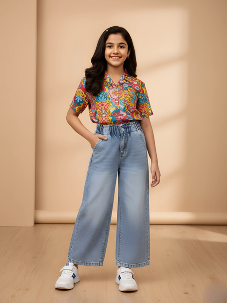 Girls Light Blue High-Waisted Wide Leg Denim Jeans.