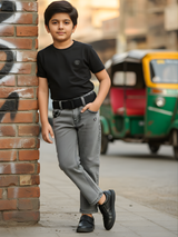 Boys' Light Grey Wash Denim Jeans with Black Utility Belt.