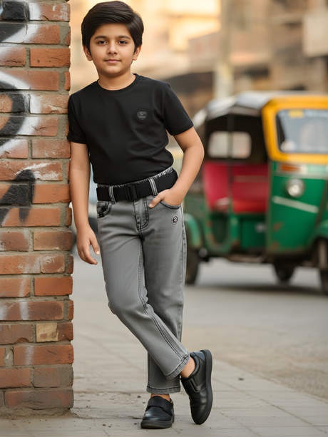 Boys' Light Grey Wash Denim Jeans with Black Utility Belt.