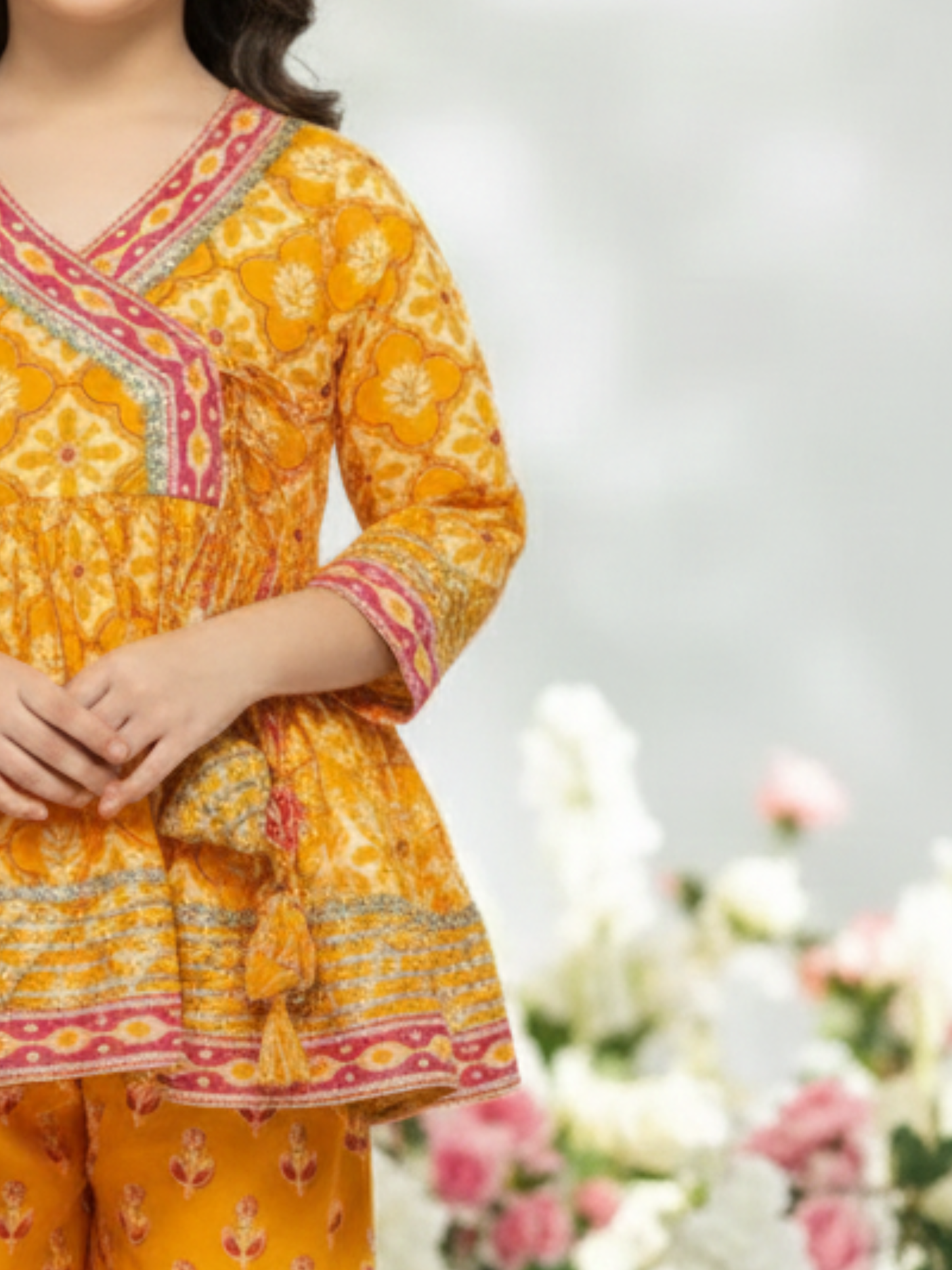 Girls' Vibrant Orange Floral Print Angrakha Kurti and Tiered Sharara Set