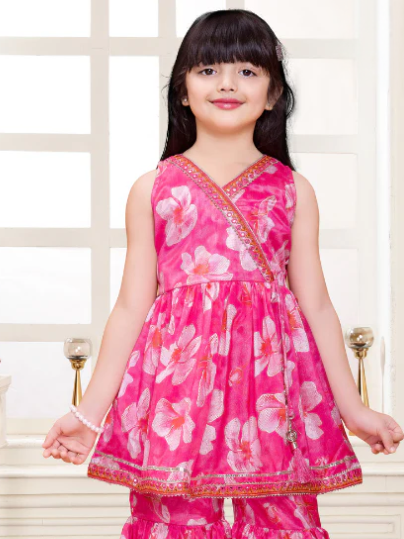 Girls' Festive Fuchsia Pink Kurta and Printed Sharara Set