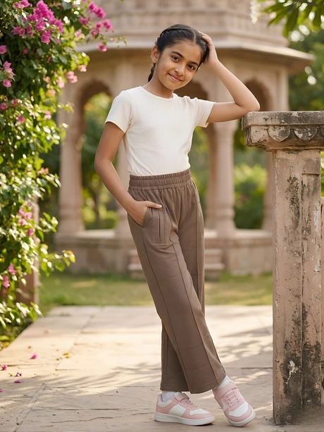 Girls Brown Comfortable Wide-Leg Culotte Pants