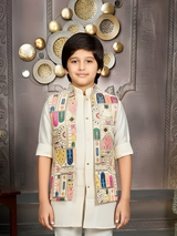 Boys' Elegant Ivory Brocade Kurta Pyjama Set (All-Over Woven Pattern)