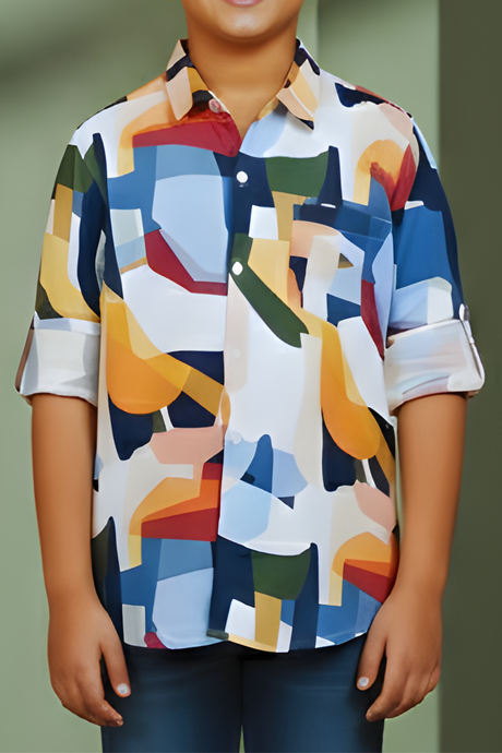 Boys' Trendy Multi-Color Abstract Geometric Print Casual Full-Sleeve Shirt