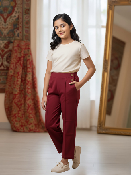 Girls' Maroon Solid Straight Fit Trackpants