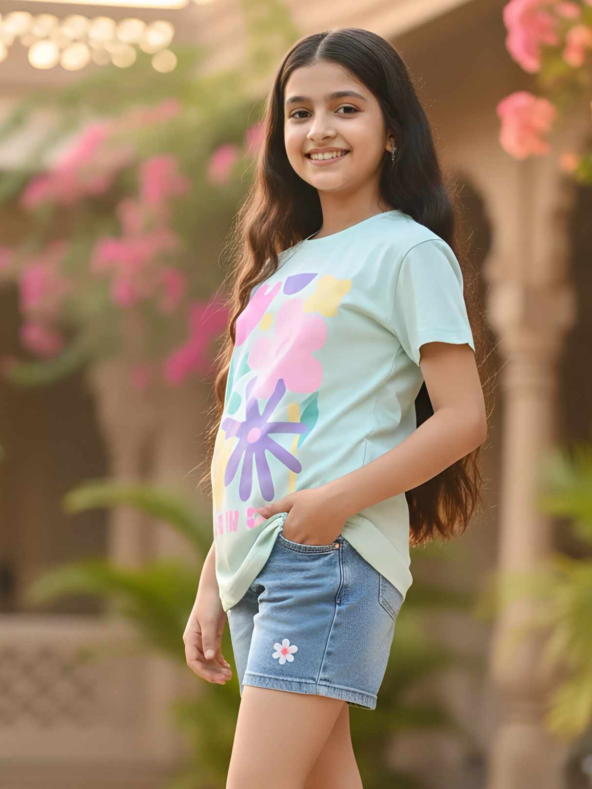 Girls' Vibrant Floral Graphic Cotton T-Shirt - White