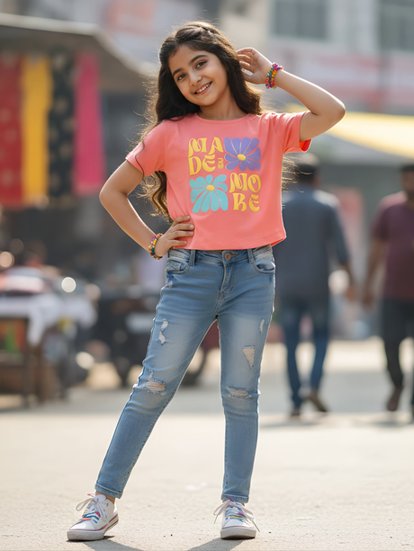 Girls Peach Graphic Print Cotton Top