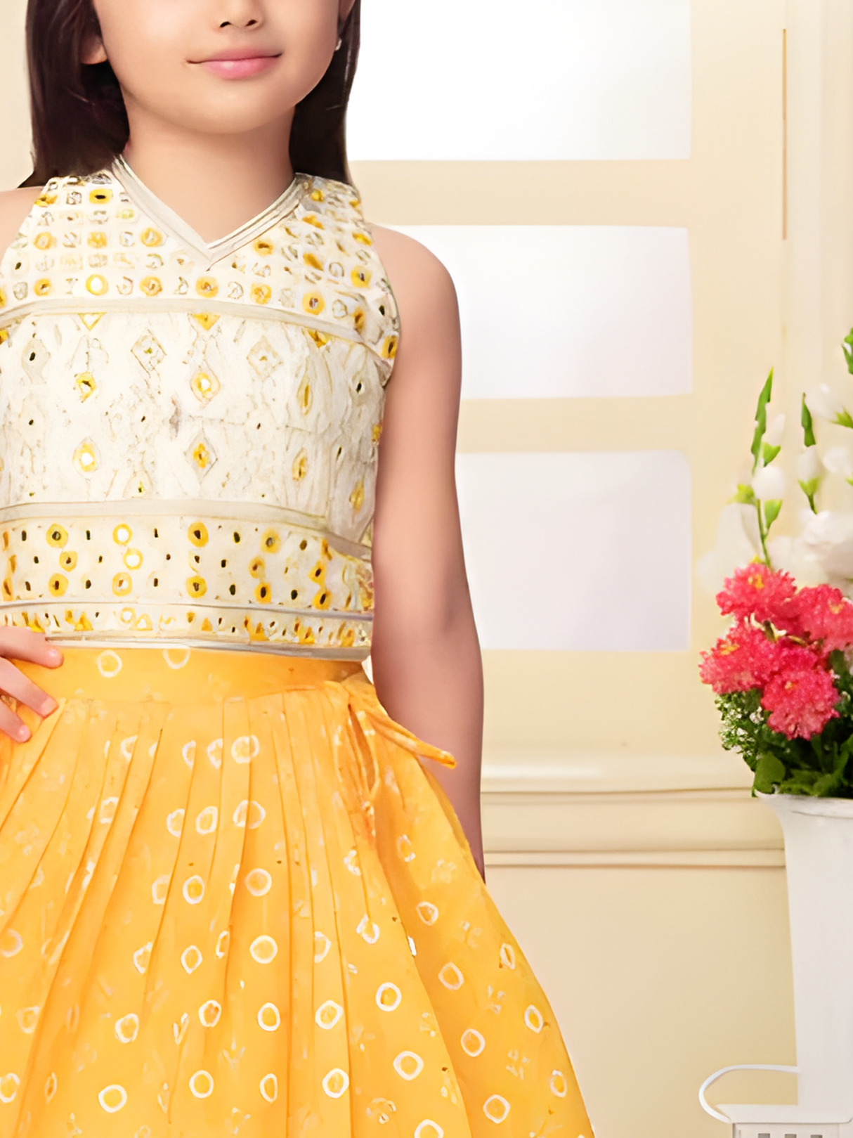 Girls' Bright Yellow Floral Lehenga Set with One-Shoulder Choli