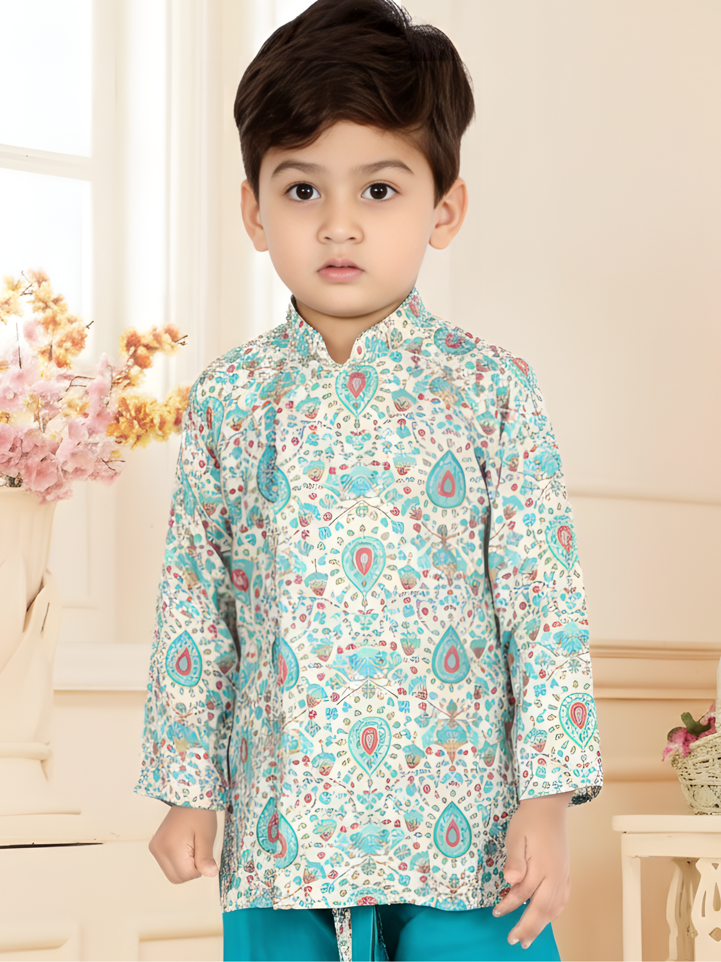 Boys' Cream Printed Kurta and Firozy Blue Dhoti Set