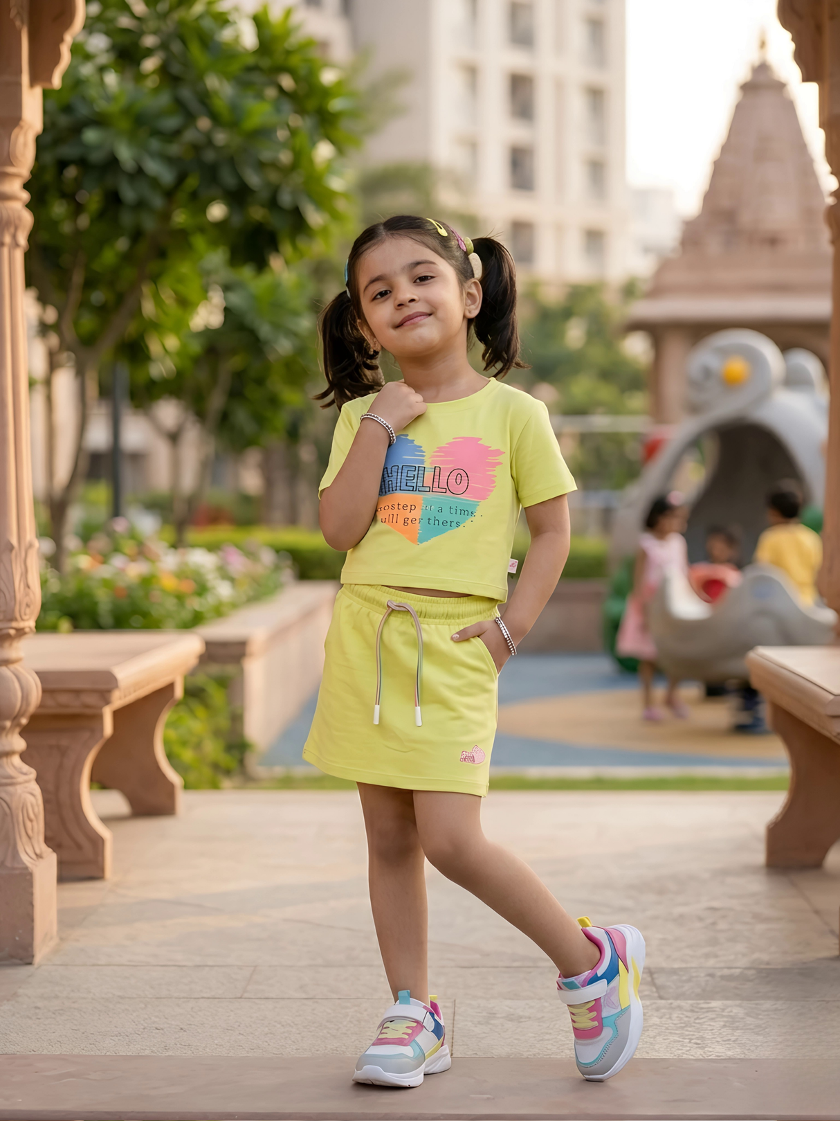 Girls' Vibrant Yellow Heart Graphic Skirt Co-ord Set