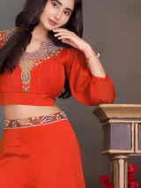 Girls Rust Orange Embroidered Crop Top and Palazzo Set