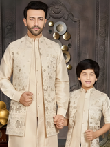 Boys' Cream Silk Blend Kurta Set with Embroidered Nehru Jacket