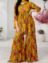 Girls Traditional 3/4th Sleeves Sharara Set - Yellow