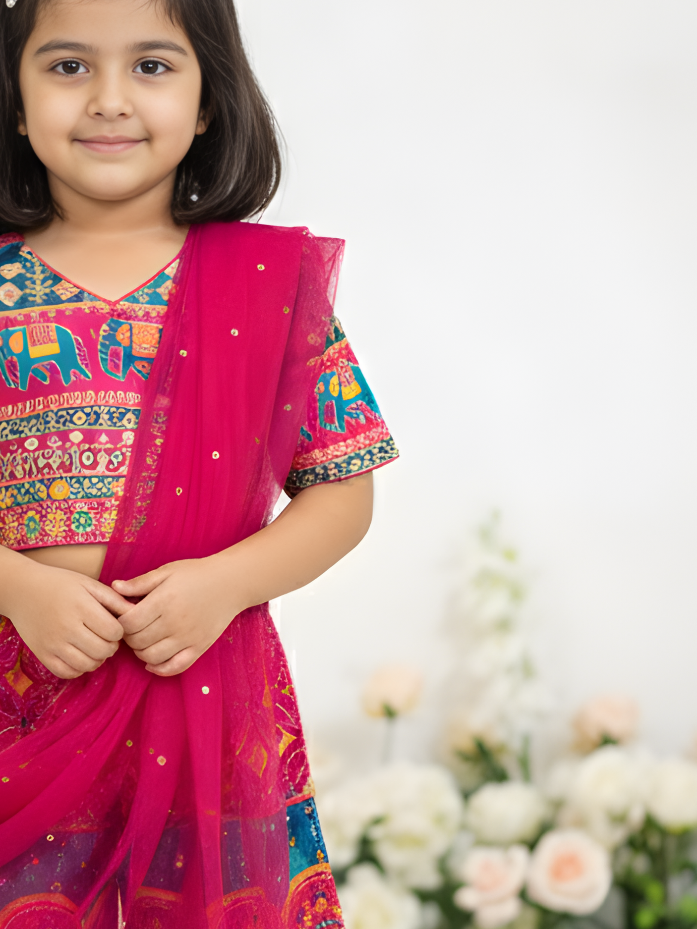 Girls' Festive Fuchsia Pink Embroidered Crop Top and Palazzo Set