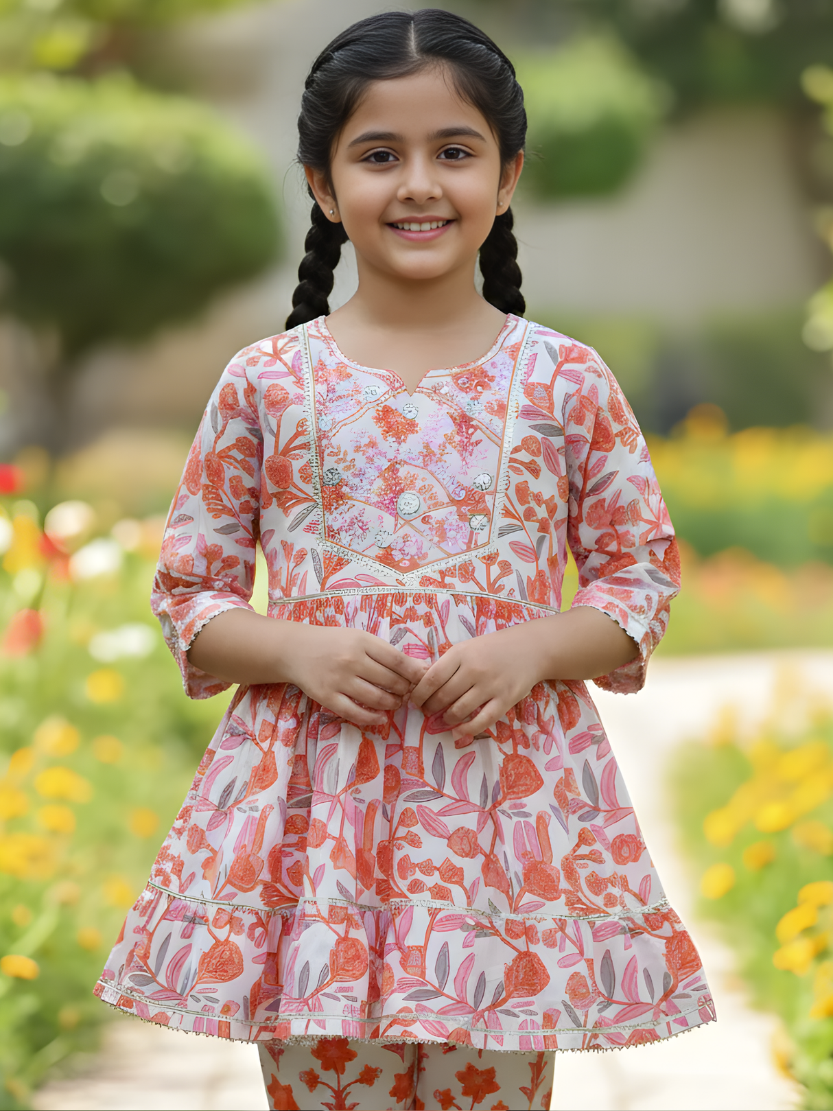 Girls' Peach Floral Printed Peplum Kurti Set