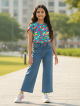 Girls' High-Waist Blue Wide-Leg Denim Jeans