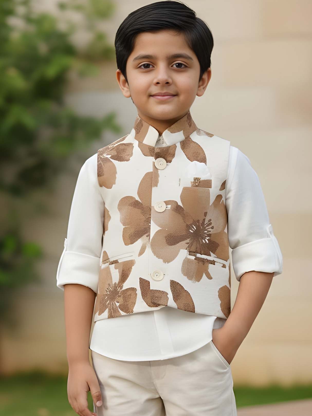 Cream Floral Print Mandarin Collar Waistcoat Set