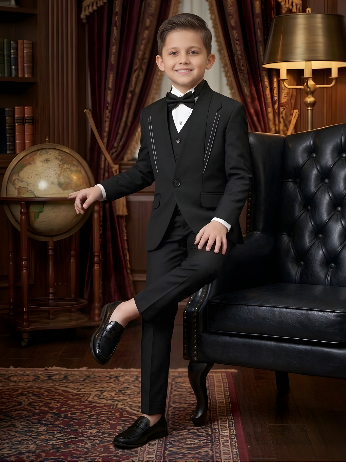 Boys' Black Textured 3-Piece Tuxedo Suit Set with Bow Tie