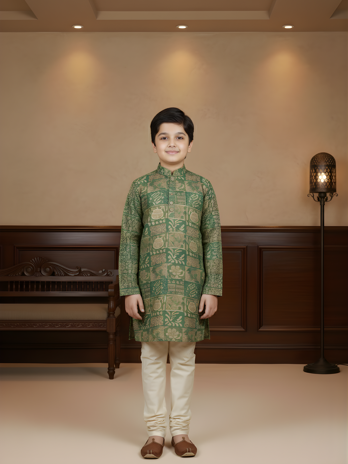Boys' Sea Green and Tan Geometric Print Full-Sleeve Kurta Pajama Set