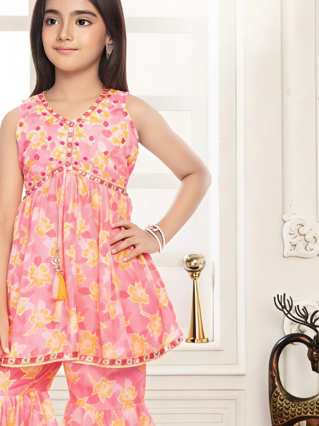 Girls Traditional Sleeves Less Sharara Set