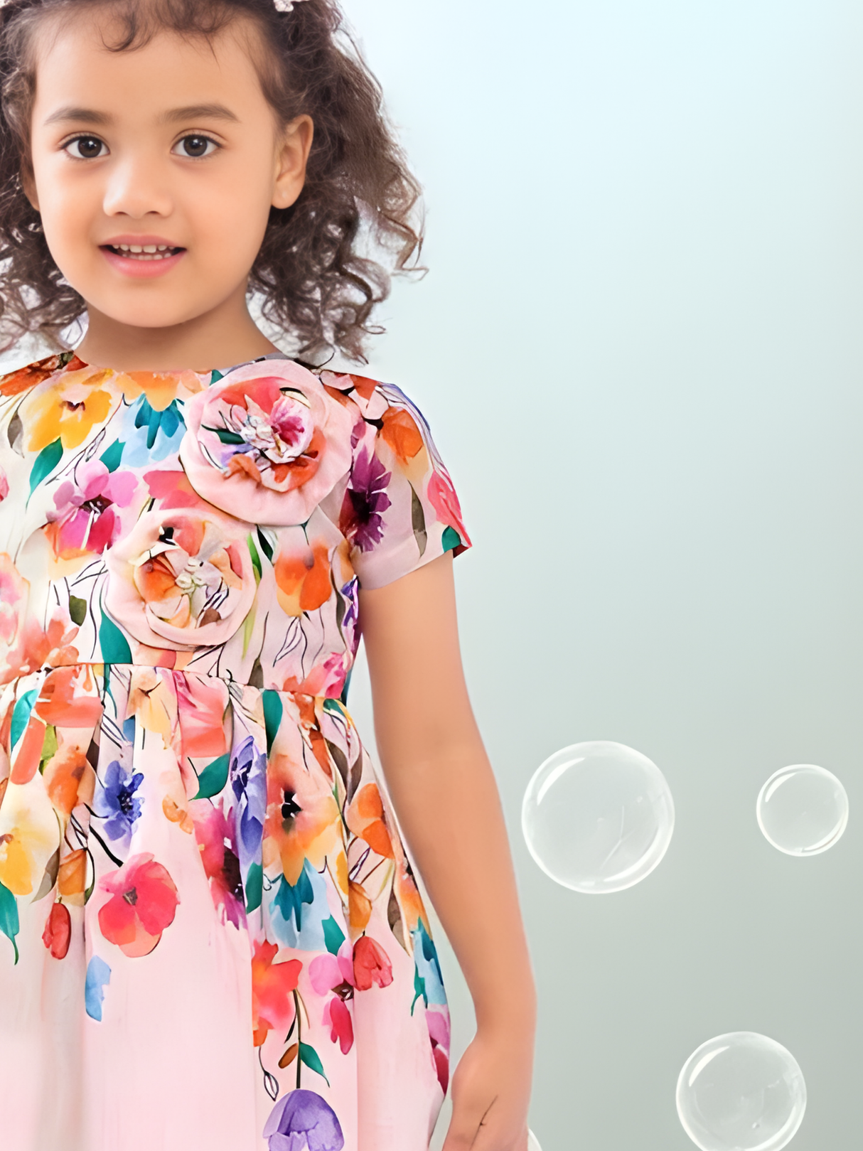 Toddler Girls' Watercolor Floral Print Cotton Frock with 3D Flower Detail