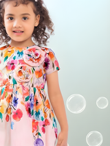 Toddler Girls' Watercolor Floral Print Cotton Frock with 3D Flower Detail
