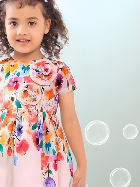 Toddler Girls' Watercolor Floral Print Cotton Frock with 3D Flower Detail