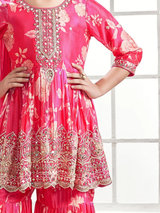 Girls' Festive Rani Pink Floral Print Gharara Suit with Heavy Yoke Embroidery