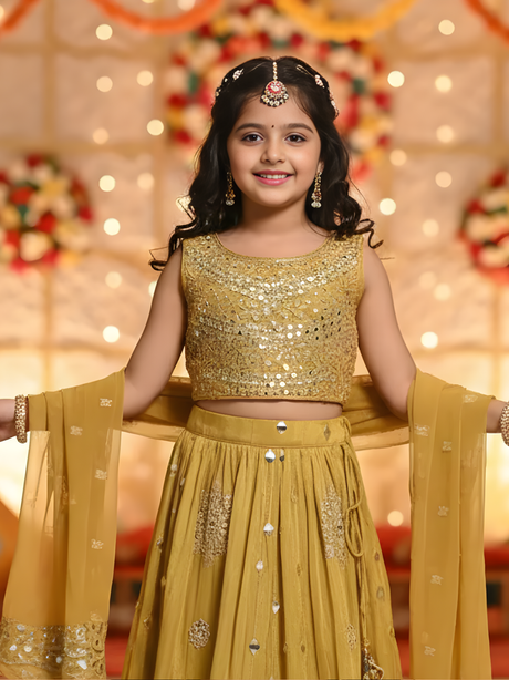 Girls Mustard Yellow Mirrored Lehenga Choli Set with Dupatta