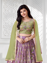 Girls' Dual-Tone Lilac Purple and Lime Green Sequin Lehenga Choli Set