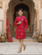 Boys Rani Pink Silk Kurta Set with Gold Elephant Motifs