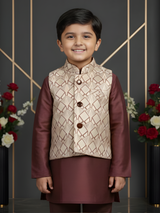 Boys Cream & Brown Ethnic Kurta Set with Geometric Printed Nehru Jacket