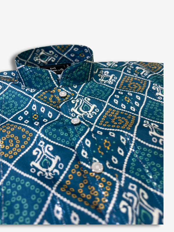 Boys' Teal Printed Kurta Pajama Set – Traditional Block Print Ethnic Wear