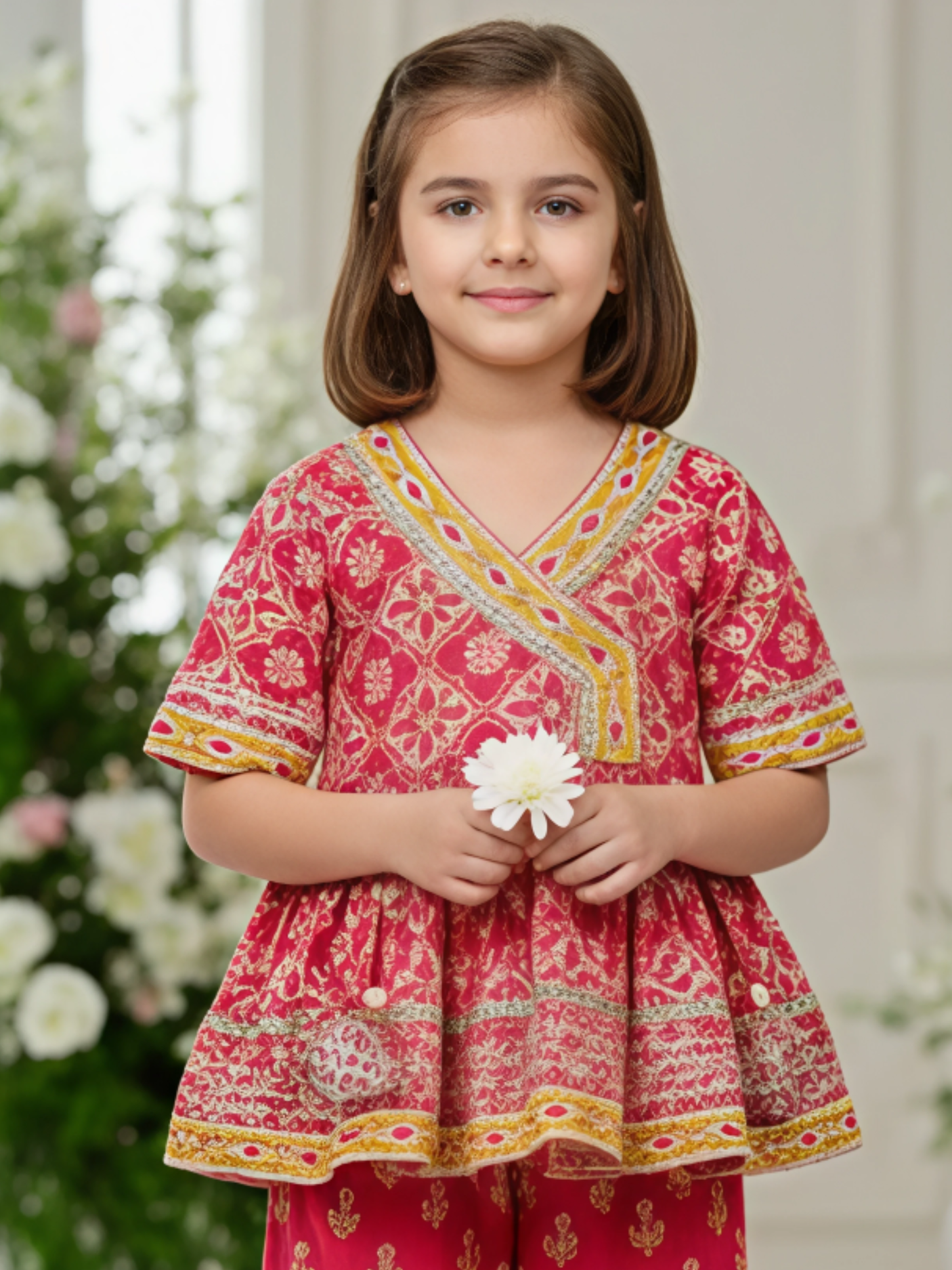 Girls' Festive Fuchsia Pink Print Angrakha Kurti and Tiered Sharara Set