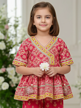 Girls' Festive Fuchsia Pink Print Angrakha Kurti and Tiered Sharara Set