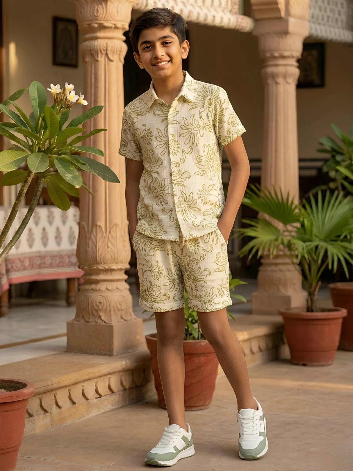 Boys Cream Floral Print Cotton Co-ord Set