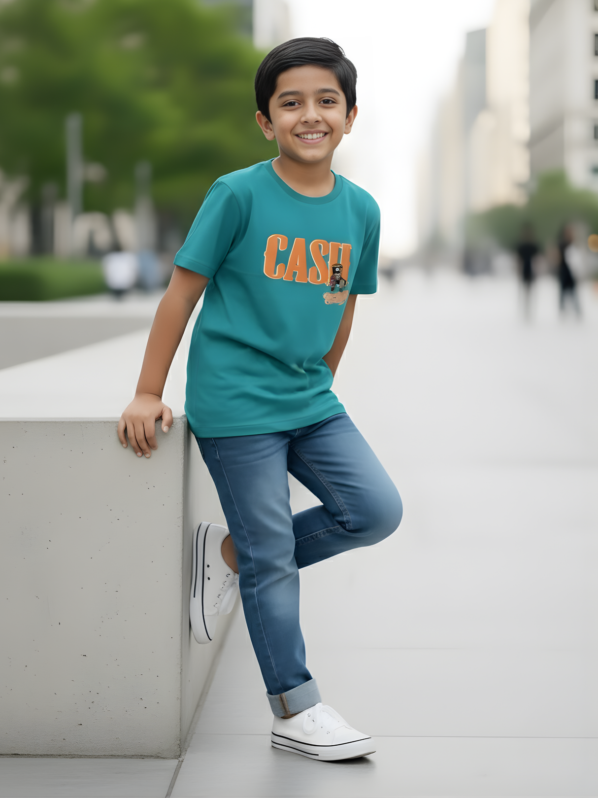 Boys' Teal Green "CASH" Streetwear Graphic T-Shirt