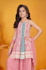 Rosewater Pink & Aqua Embroidered Sharara Set for Girls