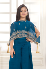 Majestic Teal Blue Crop Top & Palazzo Set with Embroidered Cape