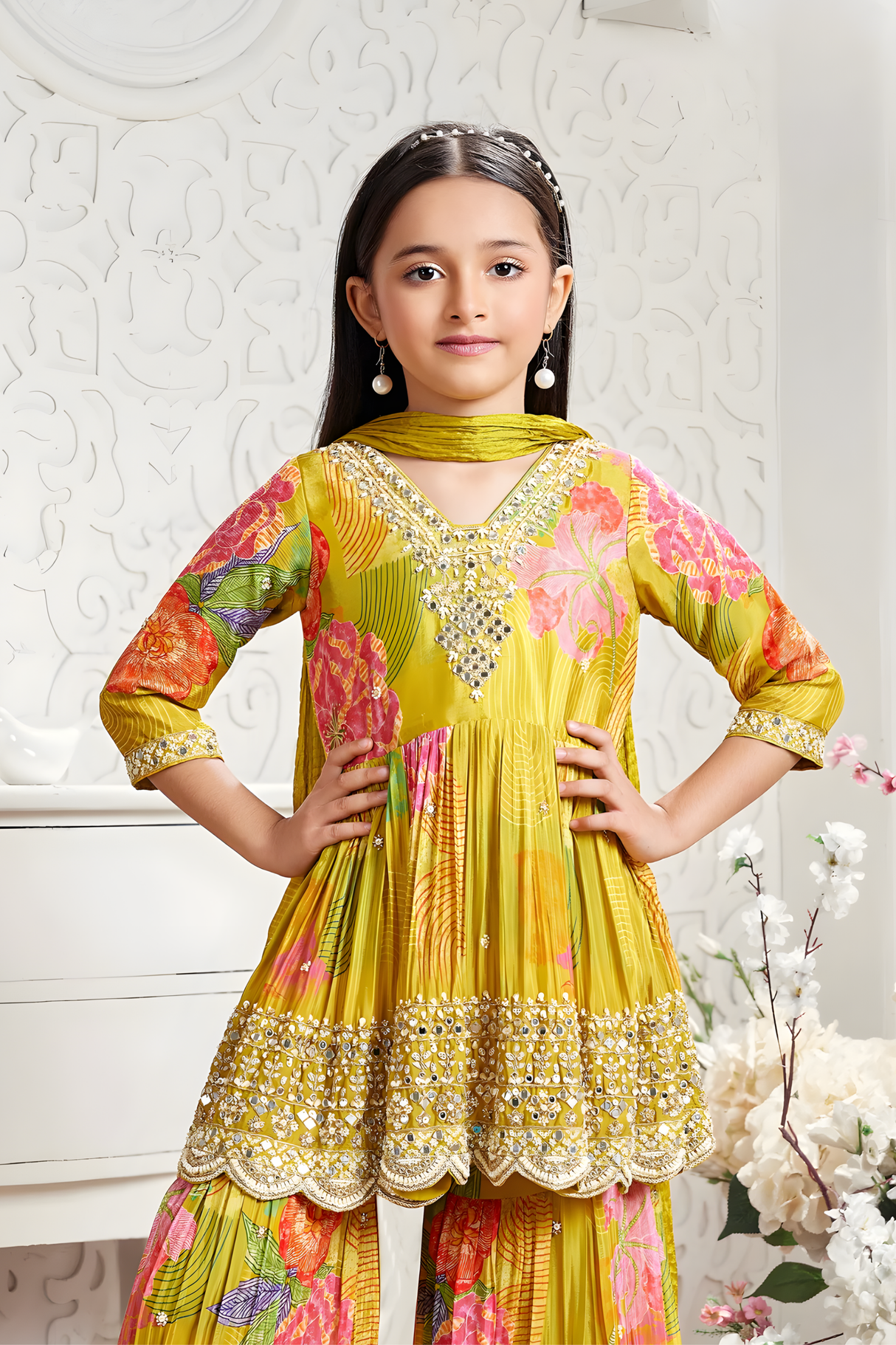 Girls' Yellow Floral Printed & Sequin Embroidered Sharara Set